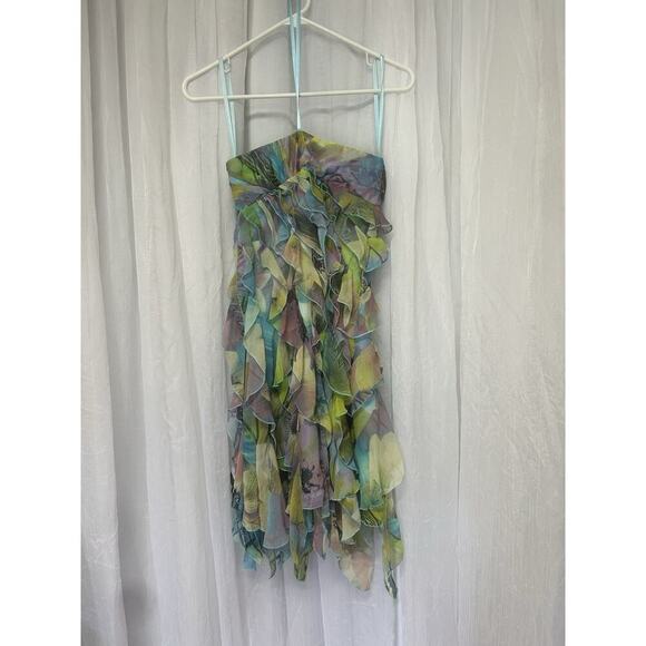 VTG Y2K 90s Fairycore cache Floral Asymmetrical Dress Beaded Strapless Sz 2 - Picture 9 of 14